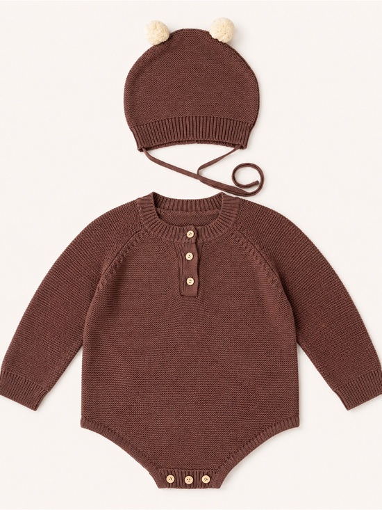 Other - Baby Knit Romper & Pom Pom Bear Bonnet Set Brown Cottagecore Boho Neutral Infant